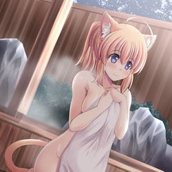 This is a pixiv picture whose title is 看板にゃんこと朝の露天風呂-Pudding-.