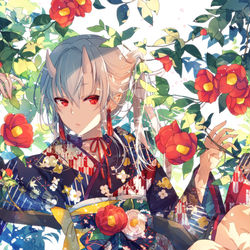 This is a pixiv picture whose title is 椿と鬼.