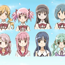 This is a pixiv picture whose title is まどマギ・マギレコキャラ正面ラフ.