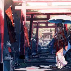This is a pixiv picture whose title is 稲荷神社とこんこん娘.