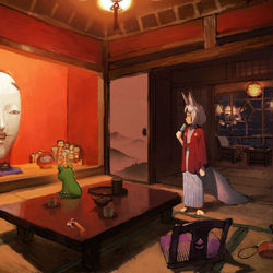 This is a pixiv picture whose title is 狐とカエルの旅🐸🦊 能面旅館.