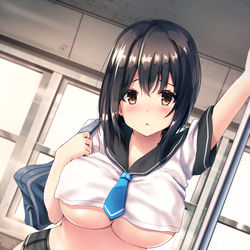 This is a pixiv picture whose title is 紐下着制服娘.