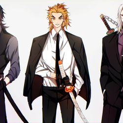 This is a pixiv picture whose title is 水柱 炎柱 音柱でスーツ.