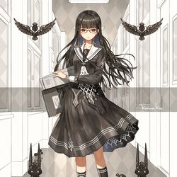 This is a pixiv picture whose title is 黒髪ぱっつんメガネで背の高い生徒会長さん.