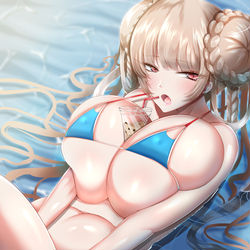 This is a pixiv picture whose title is 水着フォーミダブル   タピオカミルクティを添えて.