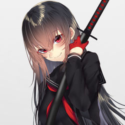 This is a pixiv picture whose title is 全体的に黒いセーラー服帯刀少女.