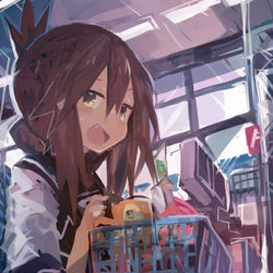 This is a pixiv picture whose title is 艦これコラボグッズを一気買いするといざ会計で気恥ずかしい電ちゃん.