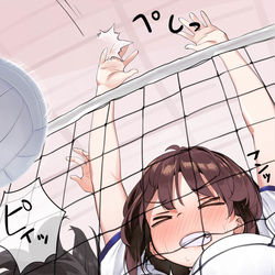 This is a pixiv picture whose title is 体育のバレーでネットに胸がタッチしてしまうJK.