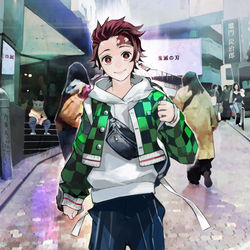 This is a pixiv picture whose title is 現代×鬼滅の刃.