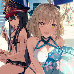 This is a pixiv picture whose title is 水着沖田さん&ノッブ.