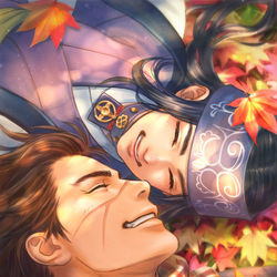 This is a pixiv picture whose title is 紅葉の下で.