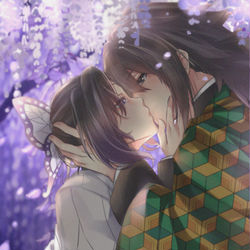 This is a pixiv picture whose title is Shinobu >< Giyuu.