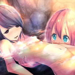This is a pixiv picture whose title is 温泉に飲まれた「しまりん」を浮かべてみる「なでしこ」.