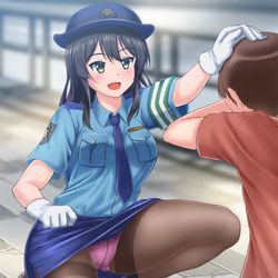 This is a pixiv picture whose title is 迷子のショタと婦警親潮ちゃん.