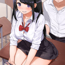 This is a pixiv picture whose title is 机に座る紐パンＪＫと尻の跡.