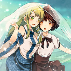 This is a pixiv picture whose title is 【文々。新聞友の会】あやさな総集編　風の少女達へサンプル.