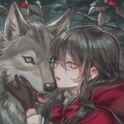 This is a pixiv picture whose title is 赤ずきんと狼.