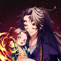 This is a pixiv picture whose title is 黒死牟と鬼化炭治郎.