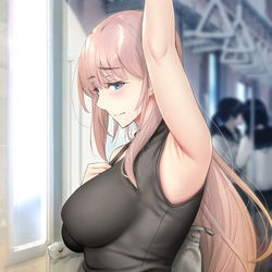This is a pixiv picture whose title is 気になる部下の通勤時間に合わせて電車に乗り、偶然居合わせたよう～.