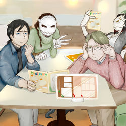 This is a pixiv picture whose title is 間違い探しにマジになる大人達.