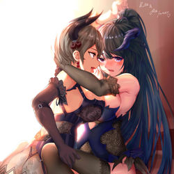 This is a pixiv picture whose title is リタ＆芽衣、魅魔服を着た後の心拍不倫.