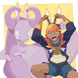 This is a pixiv picture whose title is 謎のポーズを取るキバナとヌメルゴン.
