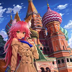 This is a pixiv picture whose title is 玉藻の前と一緒に旅行する.