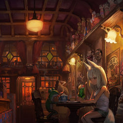 This is a pixiv picture whose title is 狐とカエルの旅🦊🐸 喫茶で一休み。.