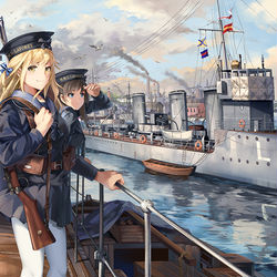 This is a pixiv picture whose title is 港湾、少女と駆逐艦.