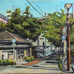 This is a pixiv picture whose title is 川沿いの道 目黒区青葉台.