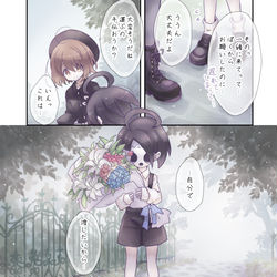 This is a pixiv picture whose title is 主人公ちゃんとオニオンくんがご両親のお墓に行く話.
