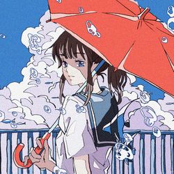 This is a pixiv picture whose title is 赤い傘と入道雲.