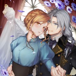 This is a pixiv picture whose title is 『宮廷薬剤師の過保護な執愛～花開く幼馴染の煌めく祈り～』表紙.