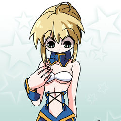 This is a pixiv picture whose title is 魔力不足で露出が多くなるタイプのセイバーさん.