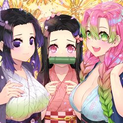 This is a pixiv picture whose title is 禰豆子としのぶと蜜璃.