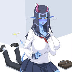 This is a pixiv picture whose title is 青肌先輩と朝の曲がり角.