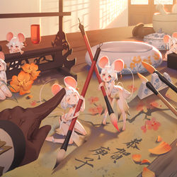 This is a pixiv picture whose title is マウスたちが年賀状を描いてくれた.