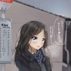 This is a pixiv picture whose title is 早朝、バス停にて.
