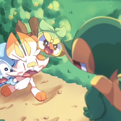This is a pixiv picture whose title is ガラルの御三家vs○○ +α.