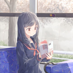 This is a pixiv picture whose title is 早朝の空いてるバスで勉強している子.