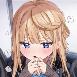 This is a pixiv picture whose title is 朝好きな人と同じ車両でばったり会ってしまって焦る女の子.
