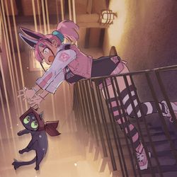 This is a pixiv picture whose title is 【強化人類アムネロ】ねこを投げてはいけません【オリジナル】.