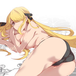This is a pixiv picture whose title is 実はセクハラしても結構な段階まで許してくれるシロナさん.