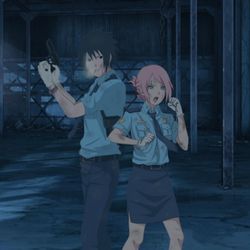 This is a pixiv picture whose title is SasuSaku police (anime version).