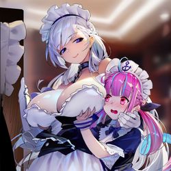 This is a pixiv picture whose title is 碧蓝航线阿夸联动 湊(みなと)あくあ 真正的女仆！？.