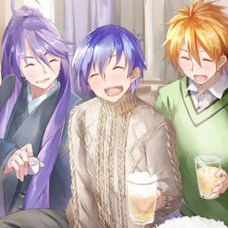 This is a pixiv picture whose title is カイト兄さんの誕生日にて、宅飲み、出来上がっていく男たち.