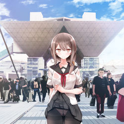 This is a pixiv picture whose title is コミケ会場でJKがぱんつを見せてくる.