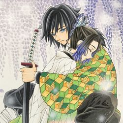 This is a pixiv picture whose title is 手描きイラスト　鬼滅の刃　冨岡義勇　胡蝶しのぶ.