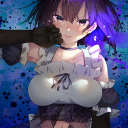 This is a pixiv picture whose title is 黒髪ショートカットヘソ出しメイド服.