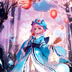 This is a pixiv picture whose title is 幽々子さまは花より団子.